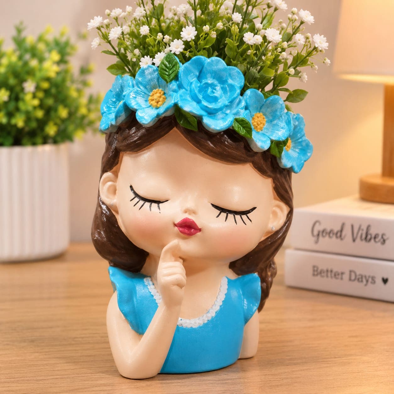 Handcrafted Resin Girl Face Flower Planter Pot – Cute Silent Girl Head Planter with Blue Floral Tiara Crown for Indoor Succulents, Herbs, Balcony Decor, Living Room Table & Gifting