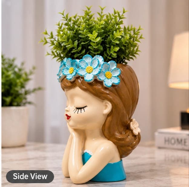 Handcrafted Resin Dreaming Girl Face Flower Planter Pot – Cute Head-on-Hands Girl Planter with Blue Floral Tiara Crown for Indoor Succulents, Herbs, Balcony Decor, Living Room & Gifting