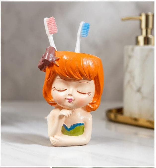 Handcrafted Resin Orange Hair Girl Face Toothbrush Holder – Cute Multi-Utility Pen Stand & Toothpaste Organizer, Bathroom Accessory, Makeup Brush Holder & Desk Decor Gift