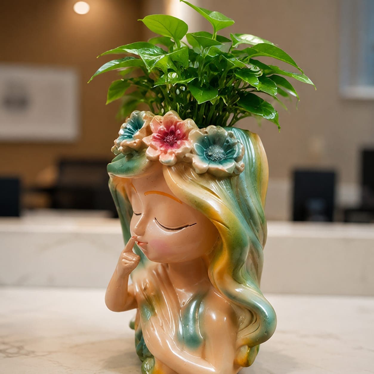 Handcrafted Resin Silent Floral Goddess Girl Face Flower Planter Pot – Cute Shh Girl Head Planter with Glossy Floral Crown for Indoor Succulents, Herbs, Balcony Decor, Living Room Table & Gifting