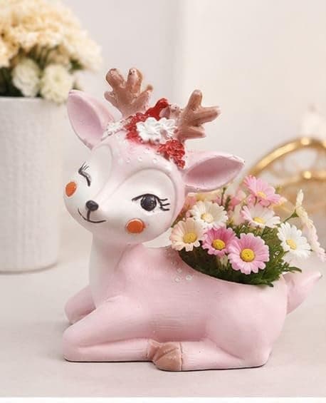 Handcrafted Resin Pink Deer Flower Planter Pot – Cute Reindeer Figurine Succulent Pot with Floral Antlers for Home Decor, Desk Organizer, Balcony & Gifting