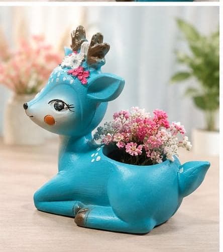 Handcrafted Resin Blue Deer Pen Stand & Flower Planter Pot – Cute Reindeer Stationery Holder with Floral Antlers for Office Desk, Study