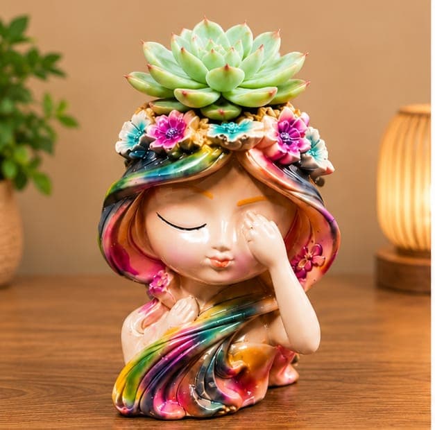 Handcrafted Resin Rainbow Floral Goddess Girl Face Flower Planter Pot – Cute Waking Girl Head Planter with Glossy Flower Crown for Indoor Succulents, Herbs, Balcony Decor, Living Room Table & Gifting