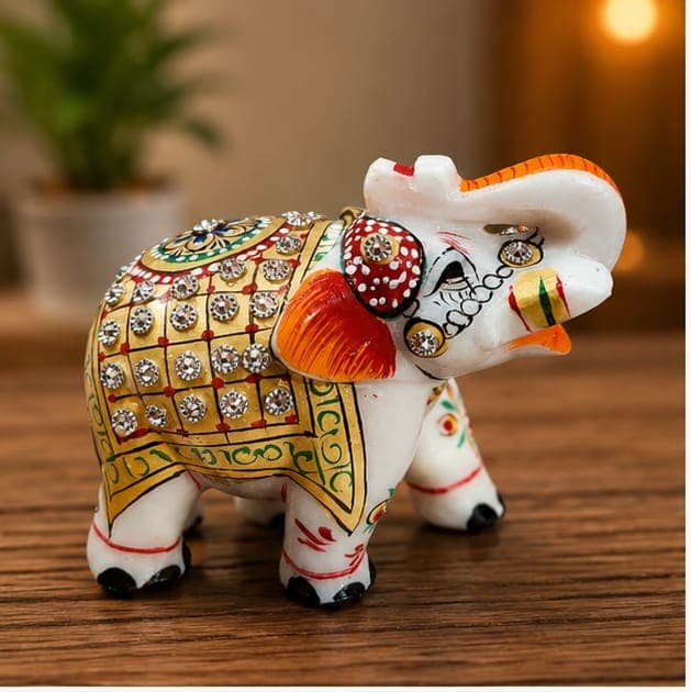 Handcrafted White Marble Elephant Showpiece Figurine with Trunk Raised | Traditional Indian Meenakari Painted Elephant Statue with Rhinestone Work | Decorative Feng Shui & Vastu Good Luck Idol for Hom